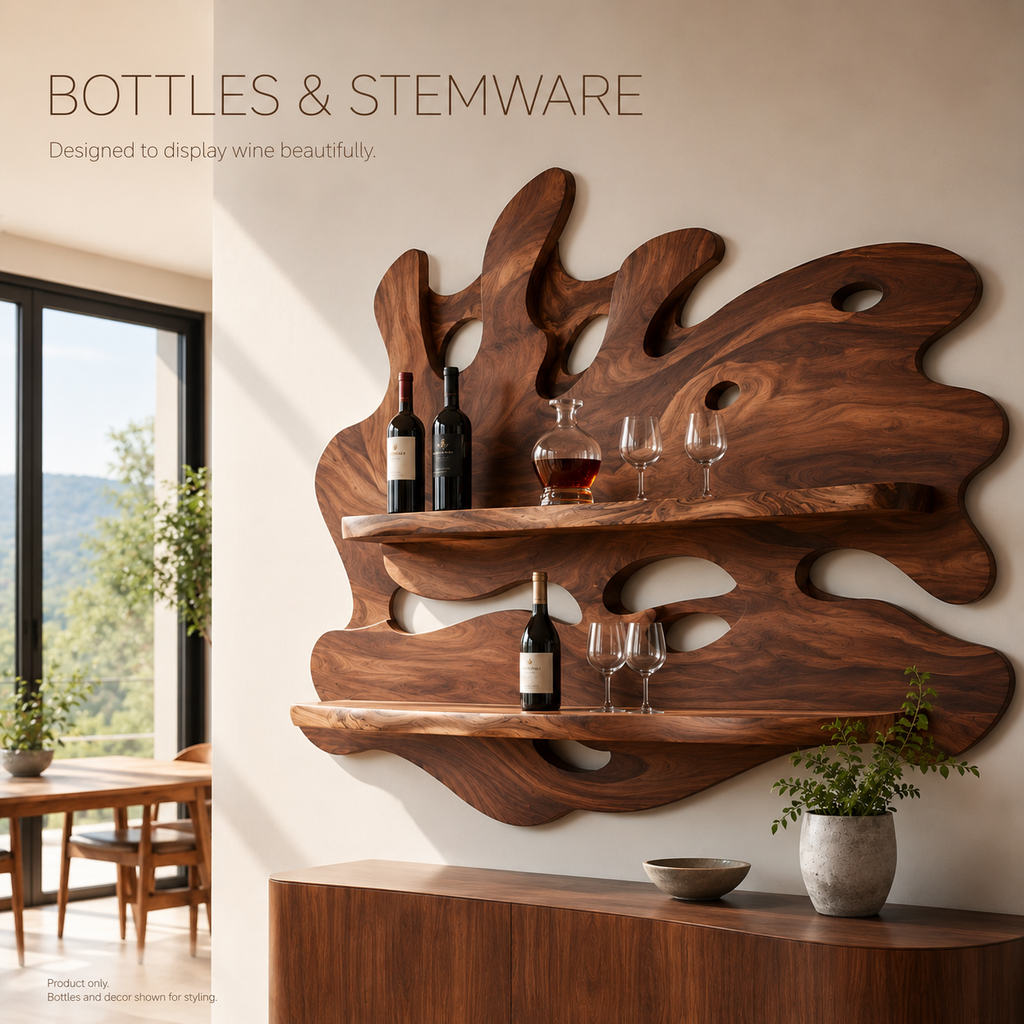 Solid Wood Wall Wine Rack with Glass Holder - 5 Bottle - Crescent - product image 07
