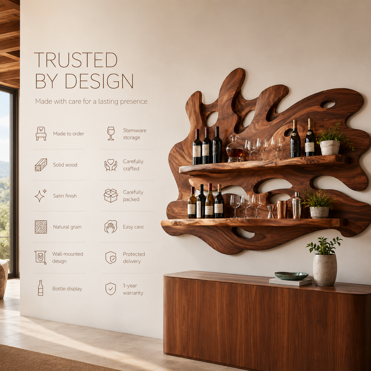 Solid Wood Wall Wine Rack with Glass Holder - 5 Bottle - Crescent - product image 09