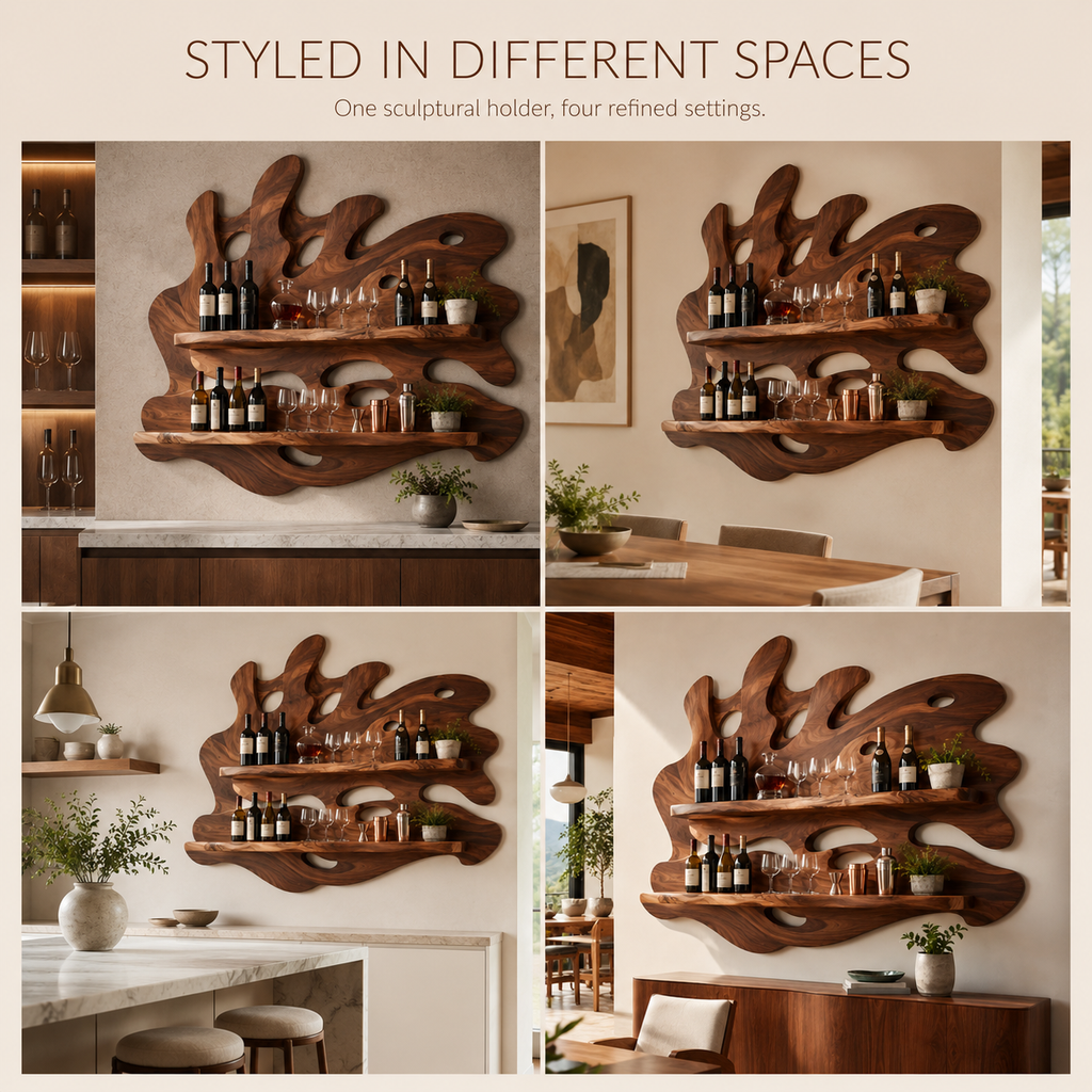 Solid Wood Wall Wine Rack with Glass Holder - 5 Bottle - Crescent - product image 10