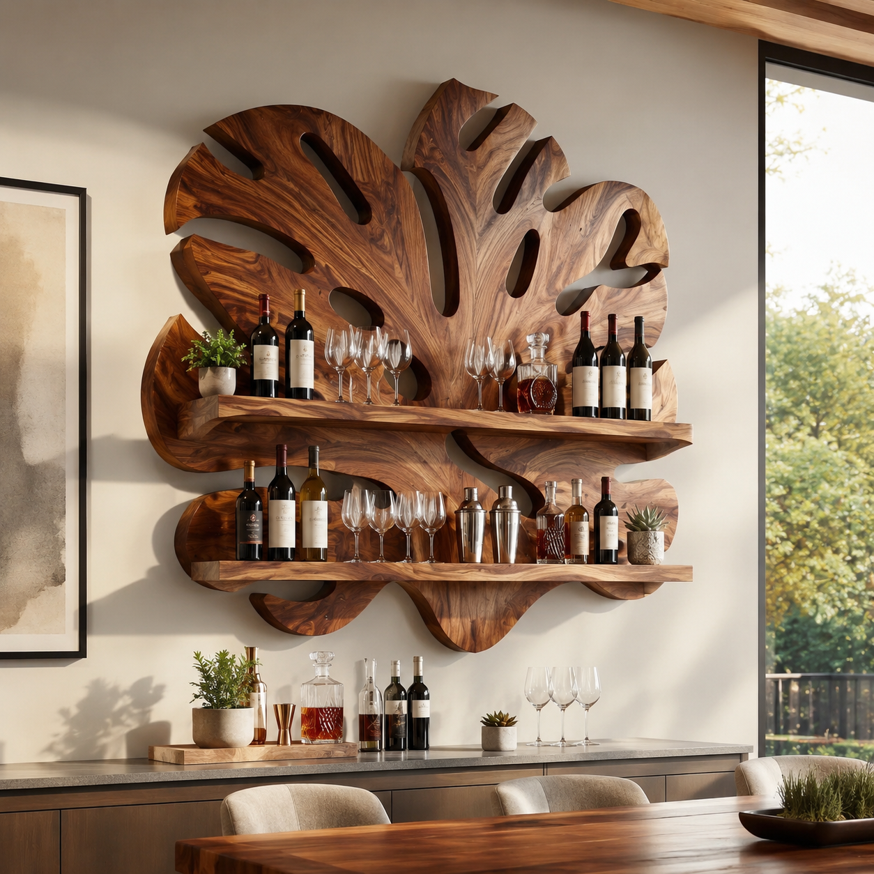 Solid Wood Wall Wine Rack with Glass Holder - 5 Bottle - Gallery Rail - main view