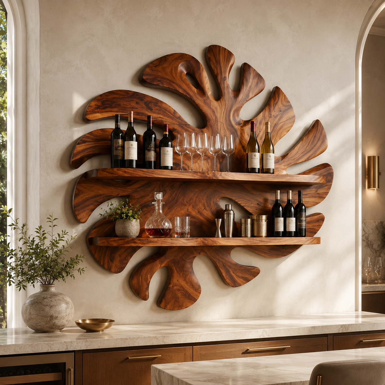Solid Wood Wall Wine Rack with Glass Holder - 5 Bottle - Live Edge - main view