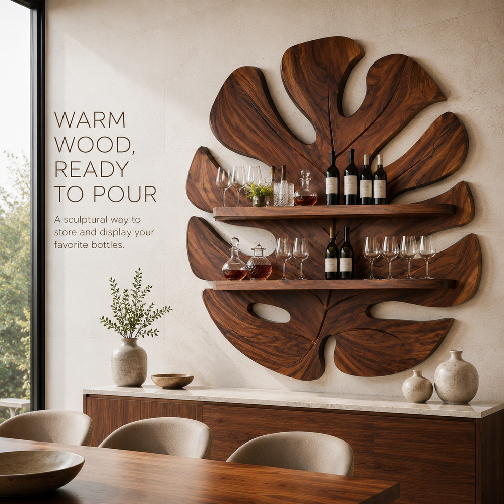 Solid Wood Wall Wine Rack with Glass Holder - 5 Bottle - Live Edge - product image 02
