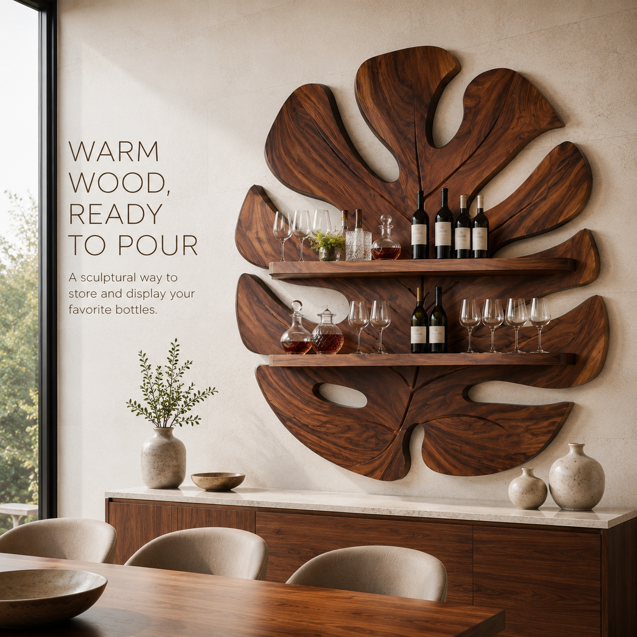 Solid Wood Wall Wine Rack with Glass Holder - 5 Bottle - Live Edge - product image 02