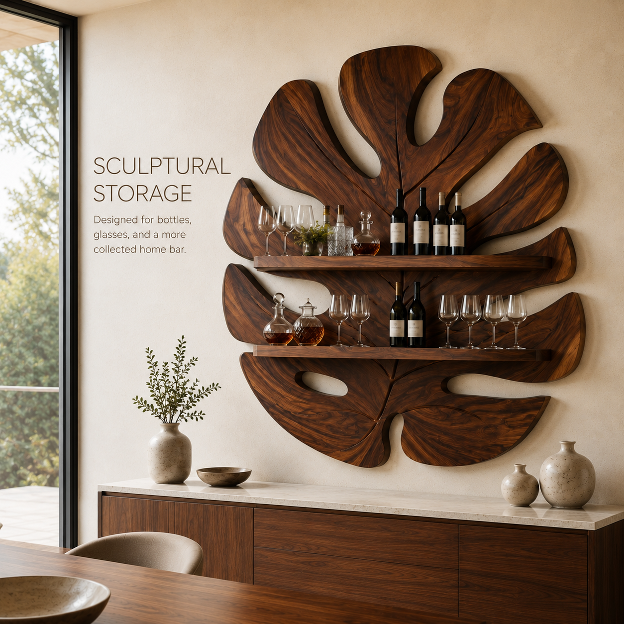 Solid Wood Wall Wine Rack with Glass Holder - 5 Bottle - Live Edge - product image 03