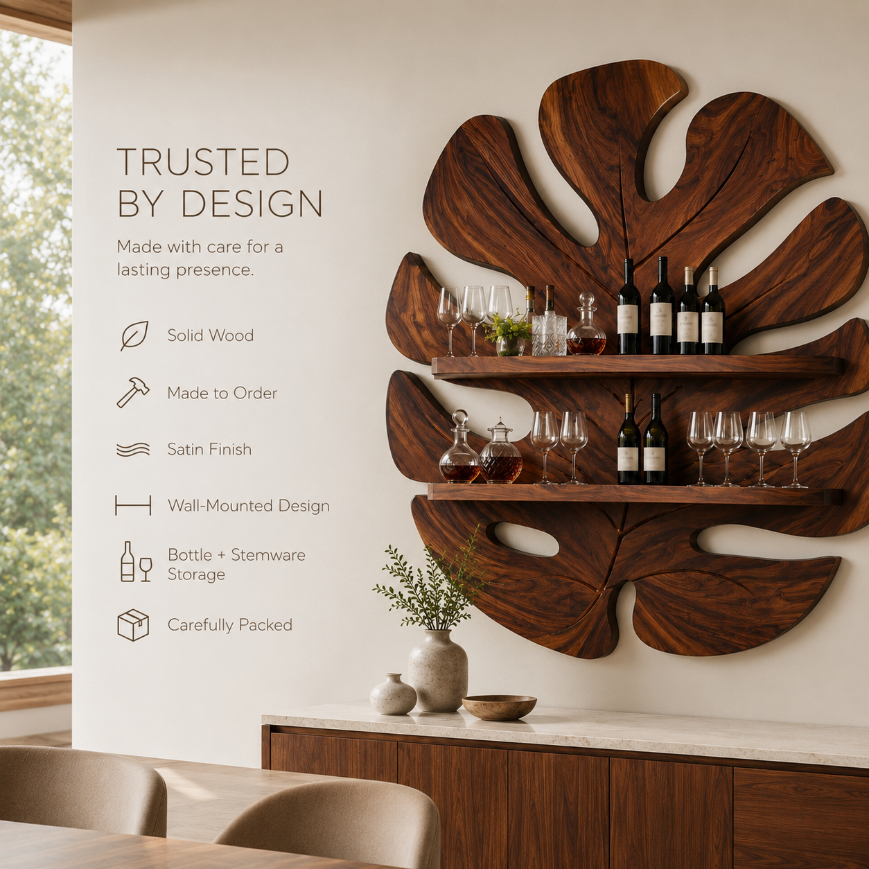 Solid Wood Wall Wine Rack with Glass Holder - 5 Bottle - Live Edge - product image 09