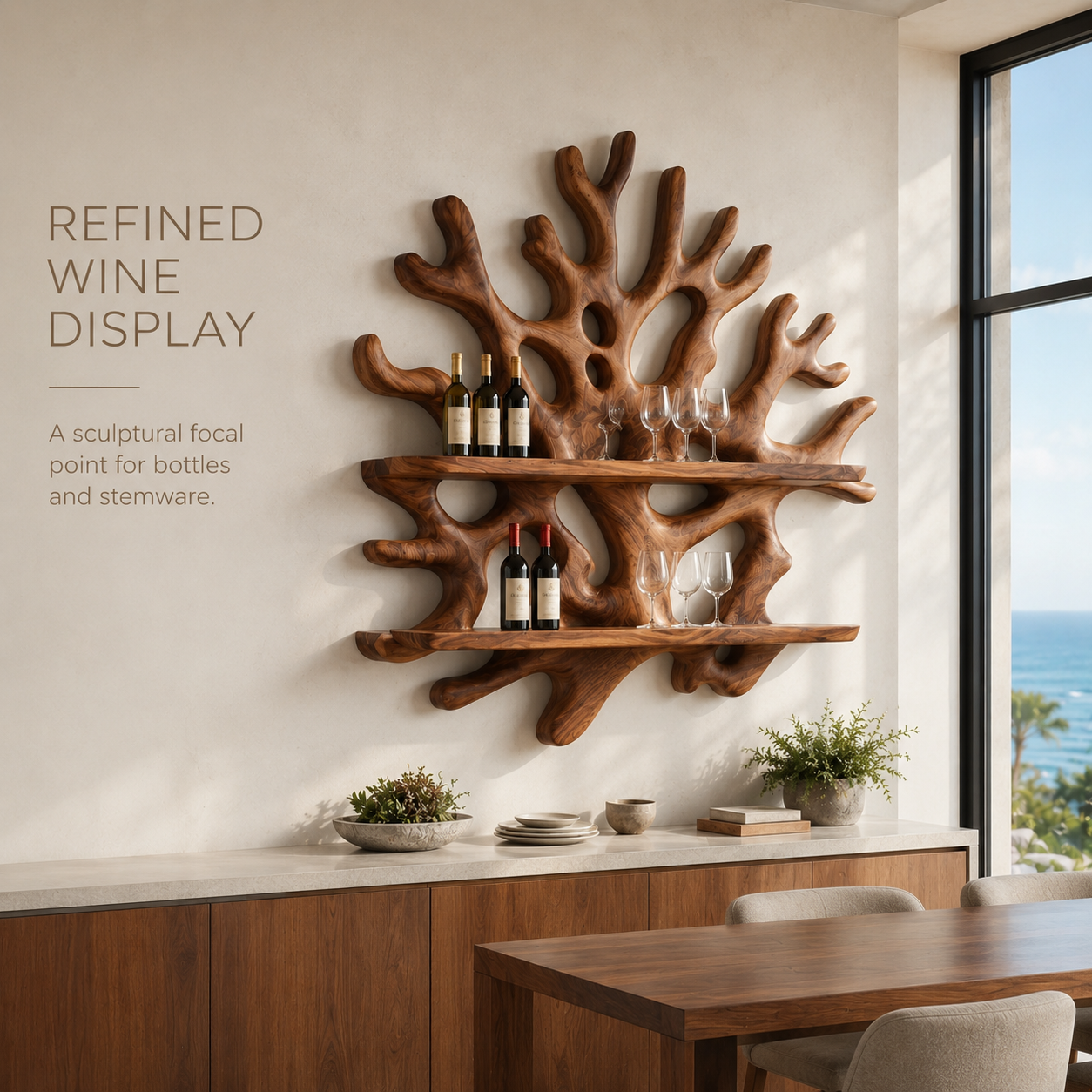 Solid Wood Wall Wine Rack with Glass Holder - 5 Bottle - Wave - product image 02