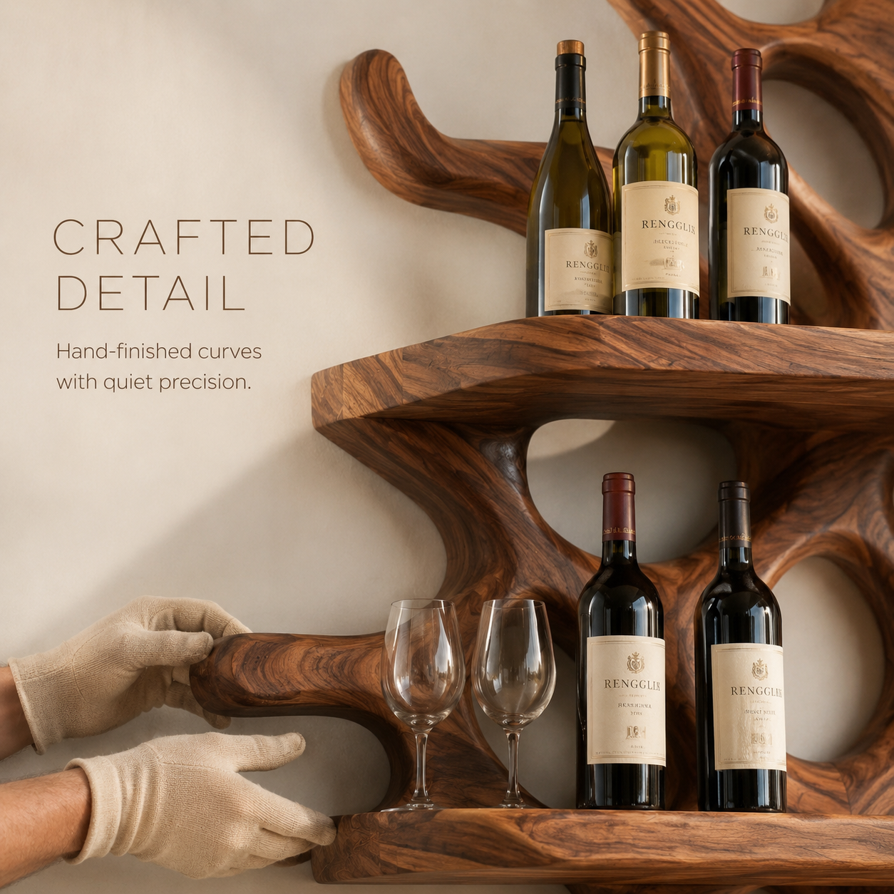 Solid Wood Wall Wine Rack with Glass Holder - 5 Bottle - Wave - product image 06