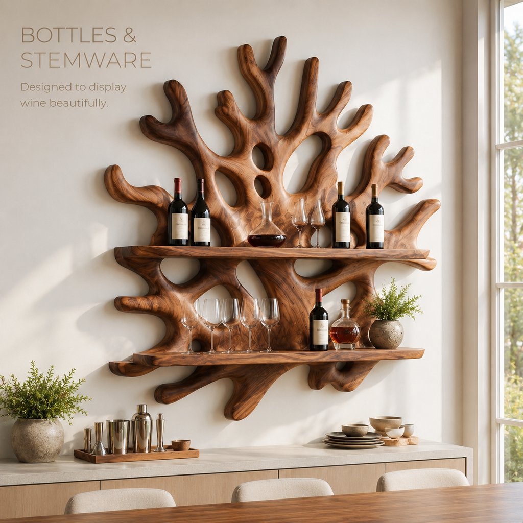 Solid Wood Wall Wine Rack with Glass Holder - 5 Bottle - Wave - product image 07