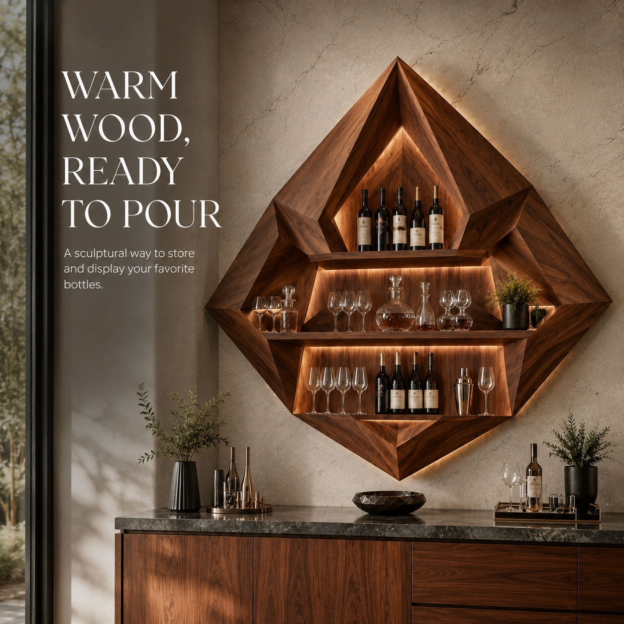 Solid Wood Wall Wine Rack with Glass Holder - 5 Bottle - Cellular - product image 02