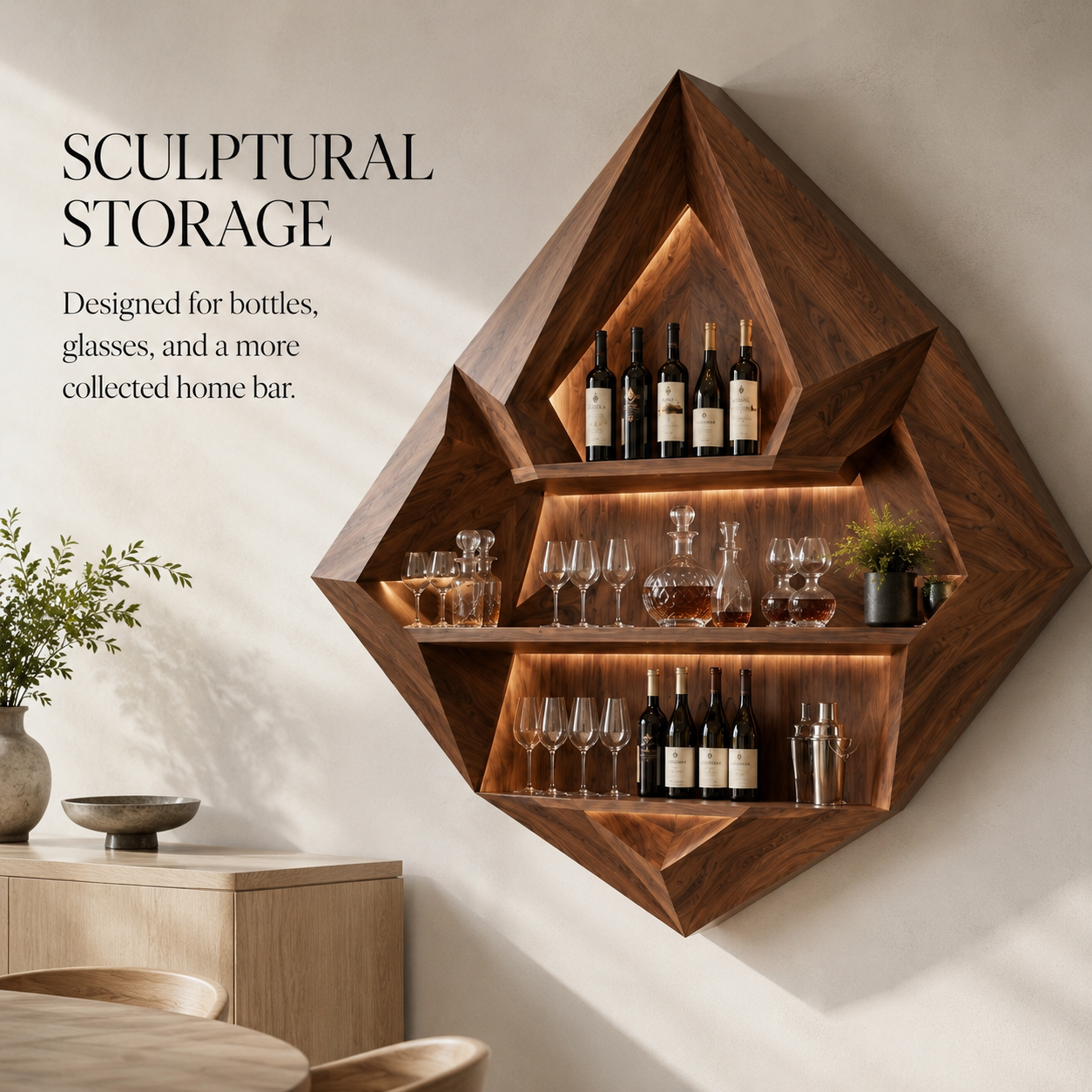 Solid Wood Wall Wine Rack with Glass Holder - 5 Bottle - Cellular - product image 03