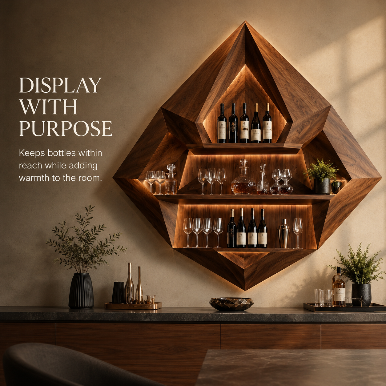 Solid Wood Wall Wine Rack with Glass Holder - 5 Bottle - Cellular - product image 06