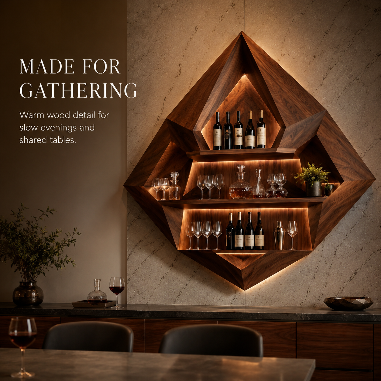 Solid Wood Wall Wine Rack with Glass Holder - 5 Bottle - Cellular - product image 08