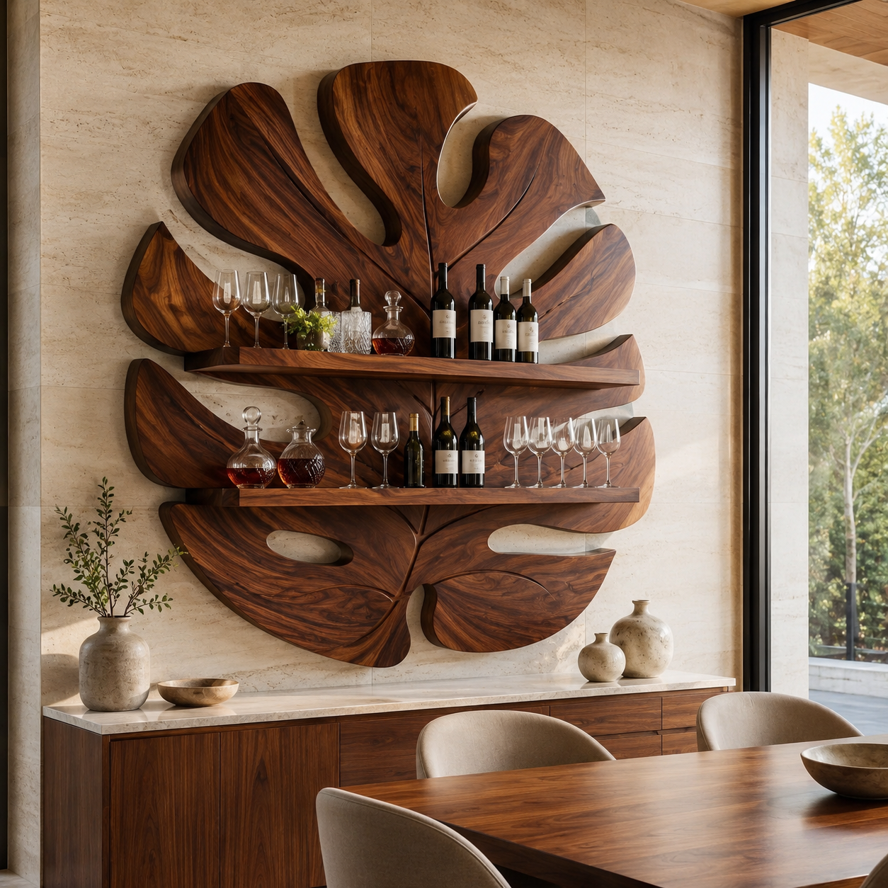 Solid Wood Wall Wine Rack with Glass Holder - 5 Bottle - Branch Form - main view