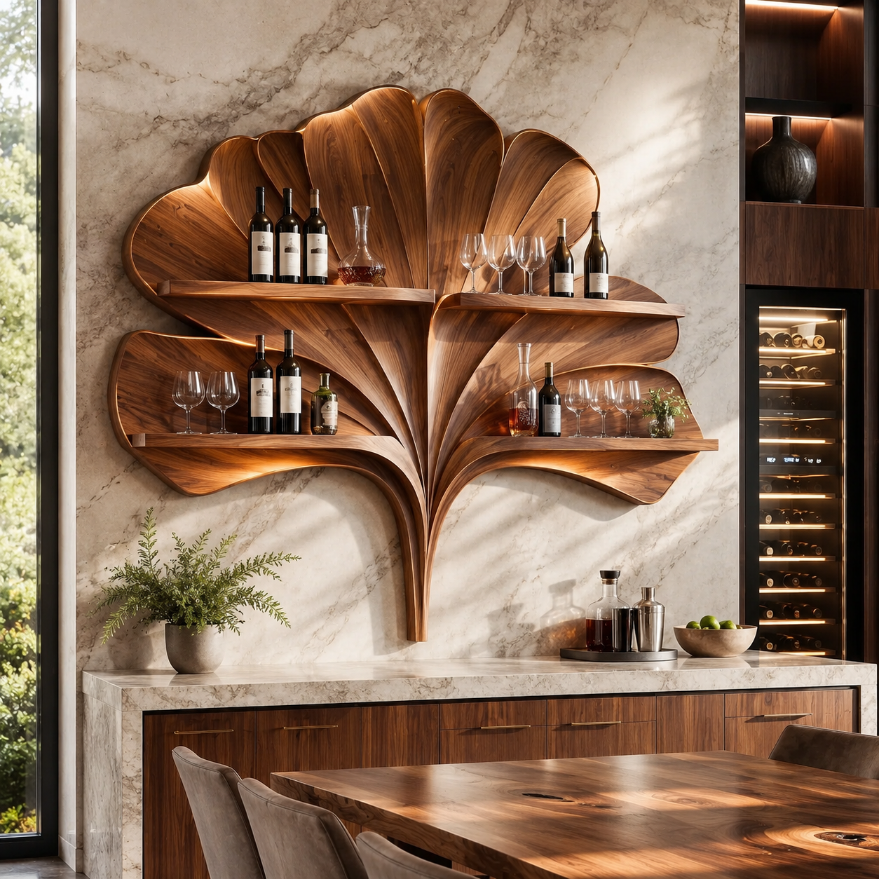 Solid Wood Wall Wine Rack with Glass Holder - 5 Bottle - Arched - main view