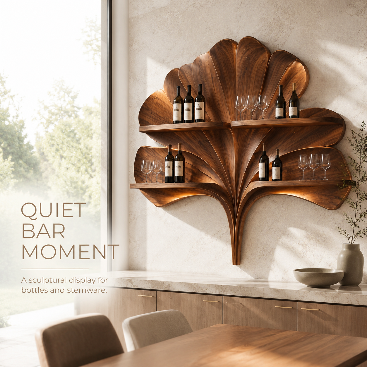 Solid Wood Wall Wine Rack with Glass Holder - 5 Bottle - Arched - product image 02