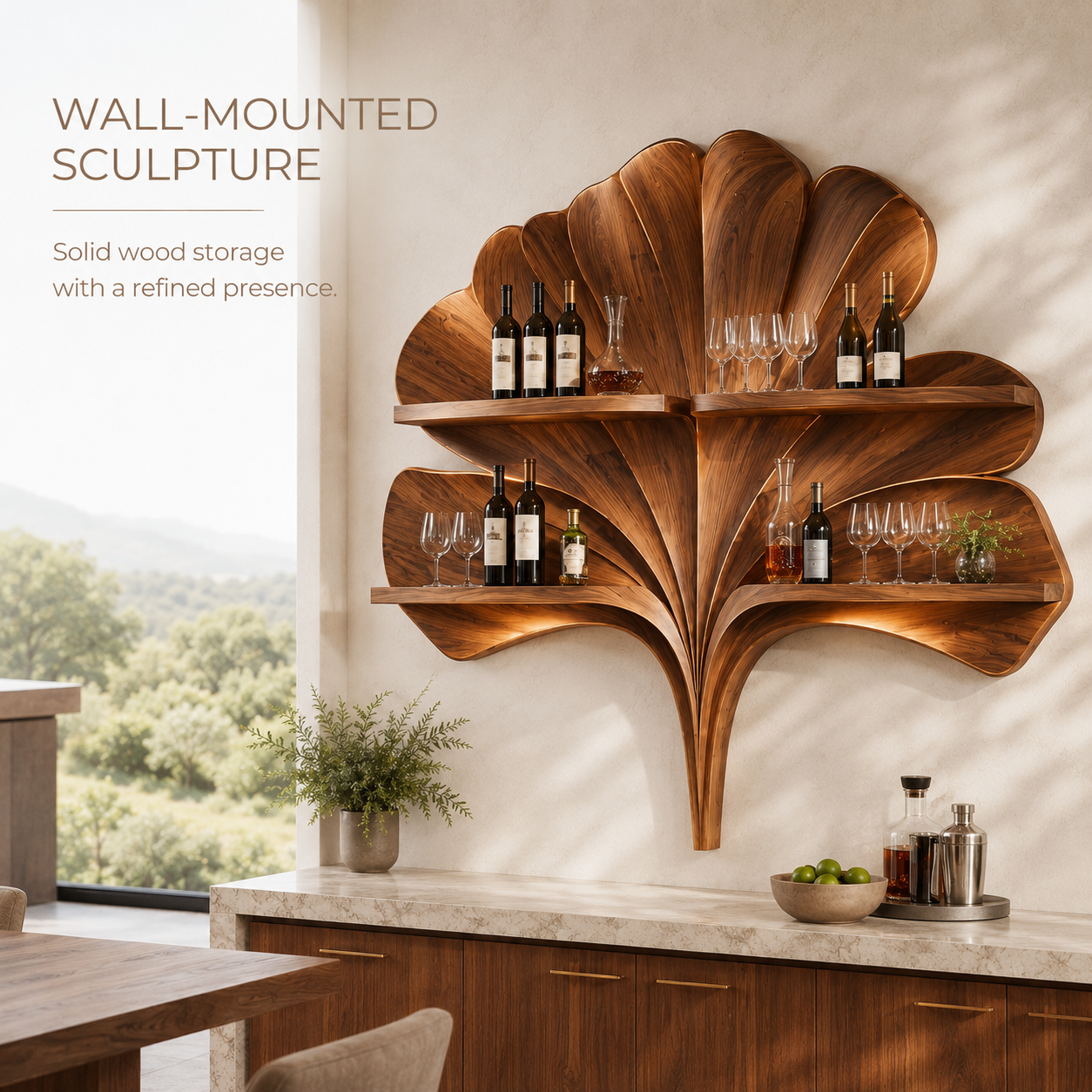 Solid Wood Wall Wine Rack with Glass Holder - 5 Bottle - Arched - product image 03