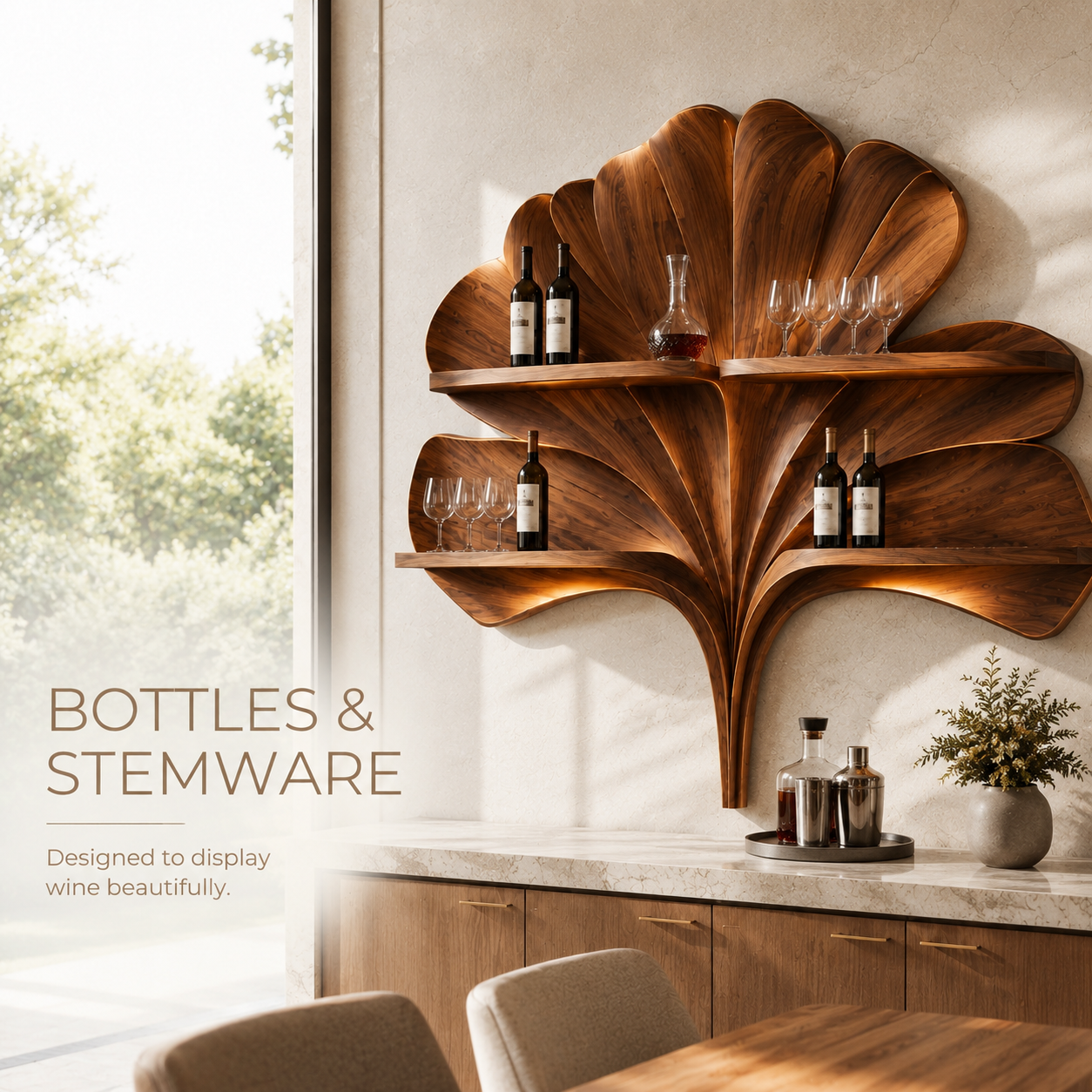 Solid Wood Wall Wine Rack with Glass Holder - 5 Bottle - Arched - product image 07