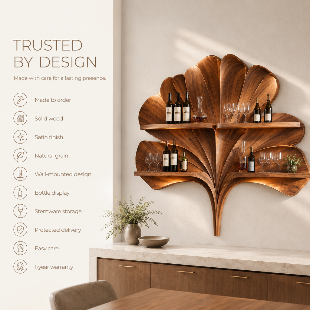 Solid Wood Wall Wine Rack with Glass Holder - 5 Bottle - Arched - product image 09