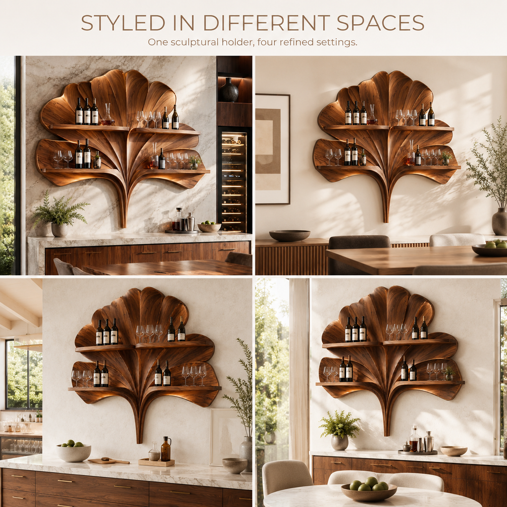 Solid Wood Wall Wine Rack with Glass Holder - 5 Bottle - Arched - product image 10