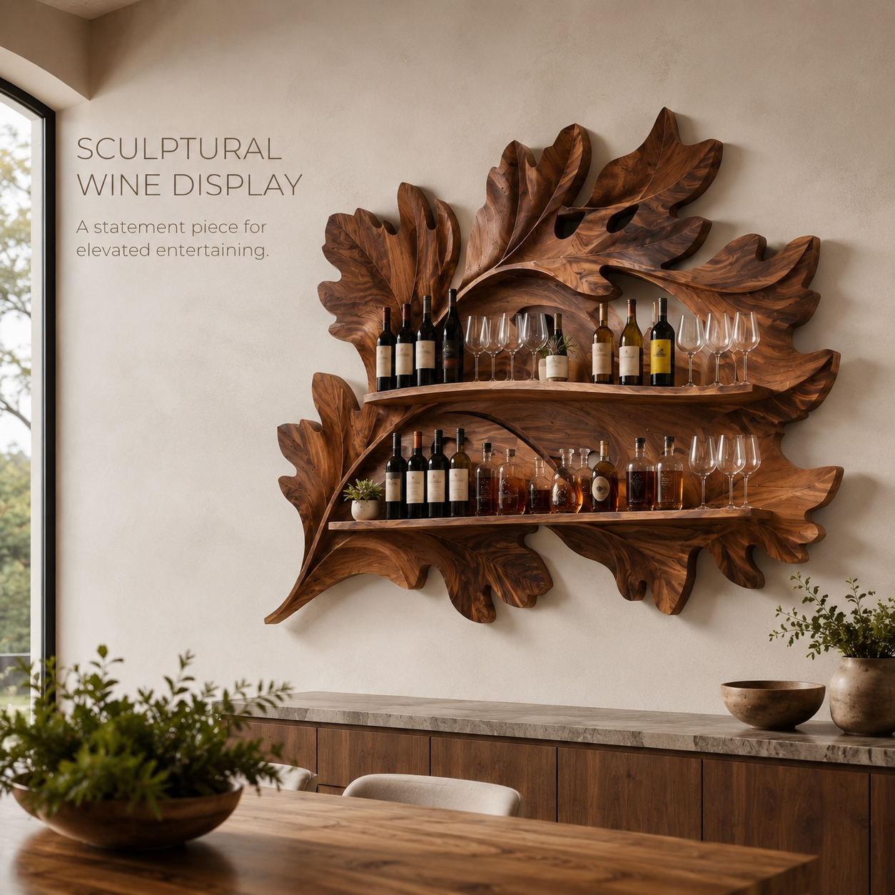 Solid Wood Wall Wine Rack with Glass Holder - 5 Bottle - Crescent - product image 02