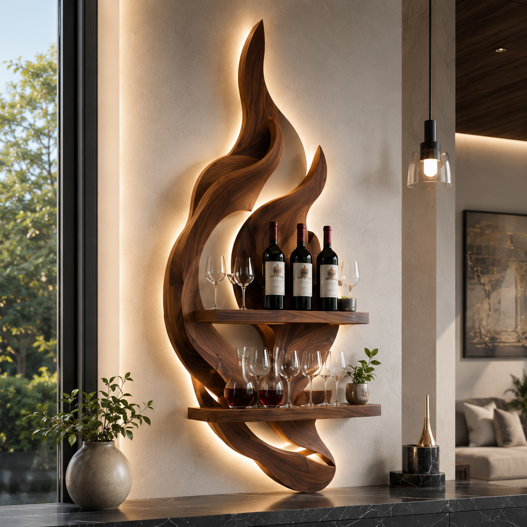 Solid Wood Wall Wine Rack with Glass Holder - 5 Bottle - Gallery Rail - main view