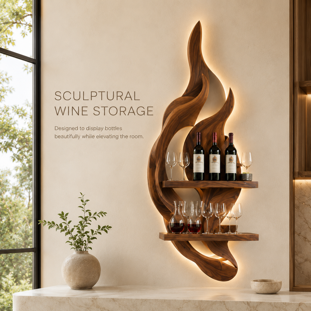 Solid Wood Wall Wine Rack with Glass Holder - 5 Bottle - Gallery Rail - product image 02