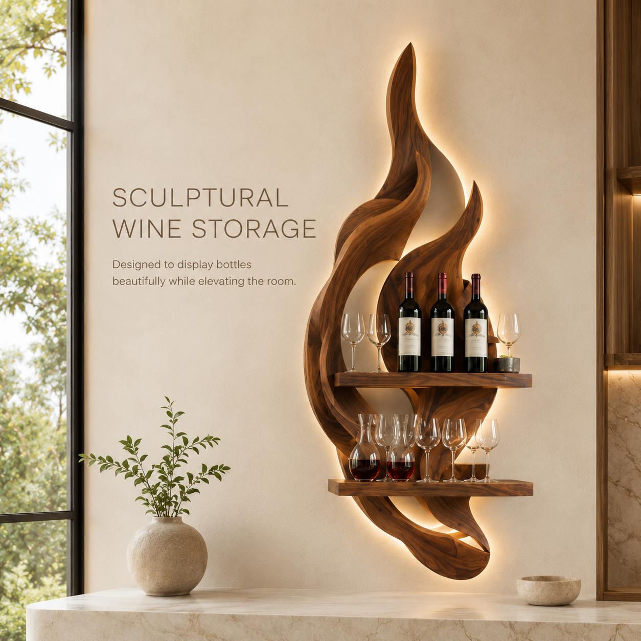 Solid Wood Wall Wine Rack with Glass Holder - 5 Bottle - Gallery Rail - product image 02