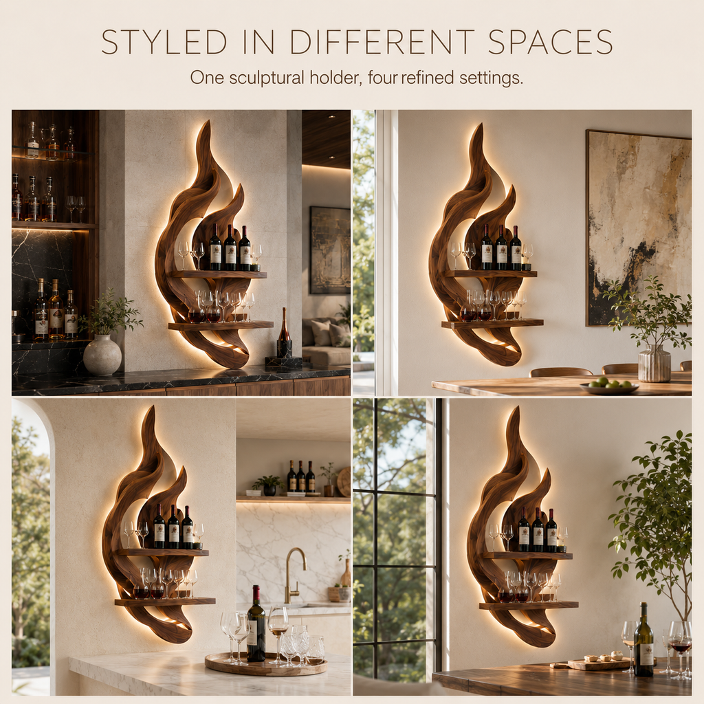 Solid Wood Wall Wine Rack with Glass Holder - 5 Bottle - Gallery Rail - product image 11