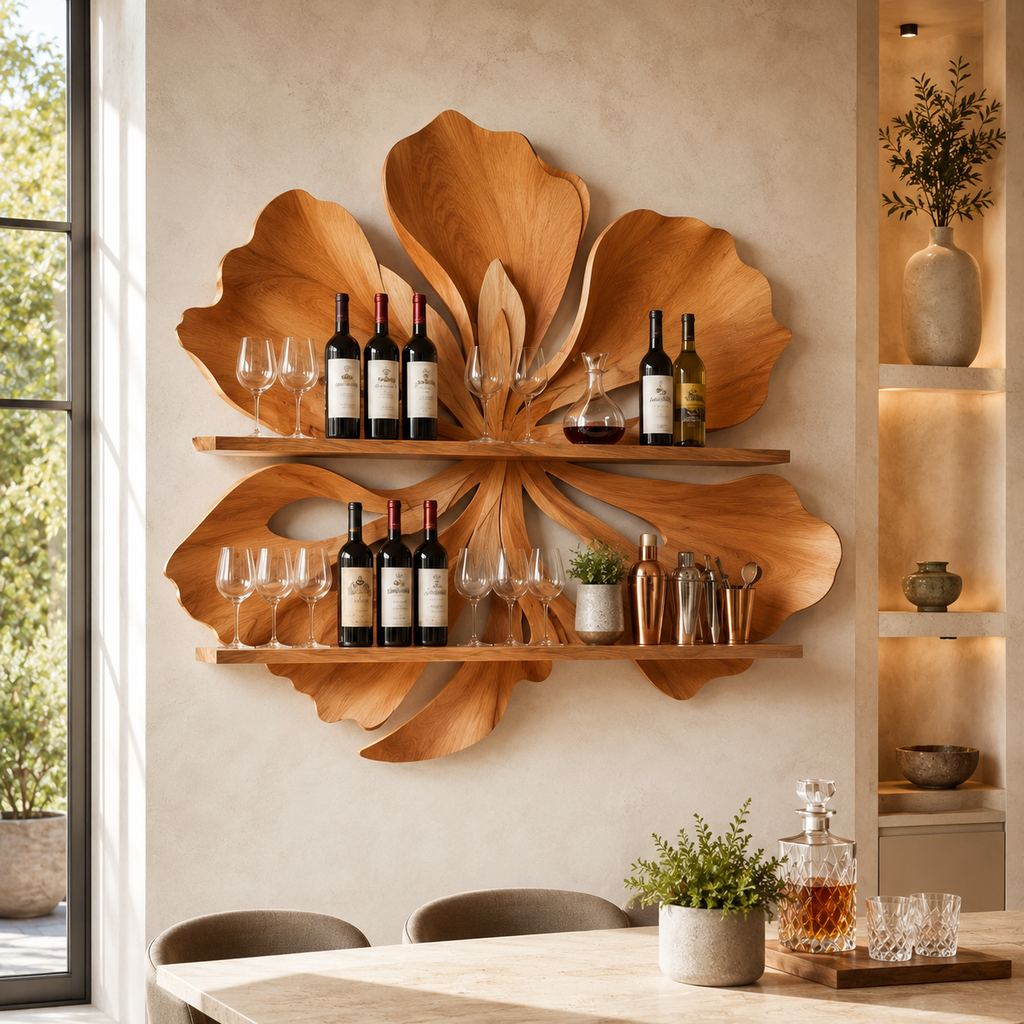 Solid Wood Wall Wine Rack with Glass Holder - 5 Bottle - Ribbed Wave - main view