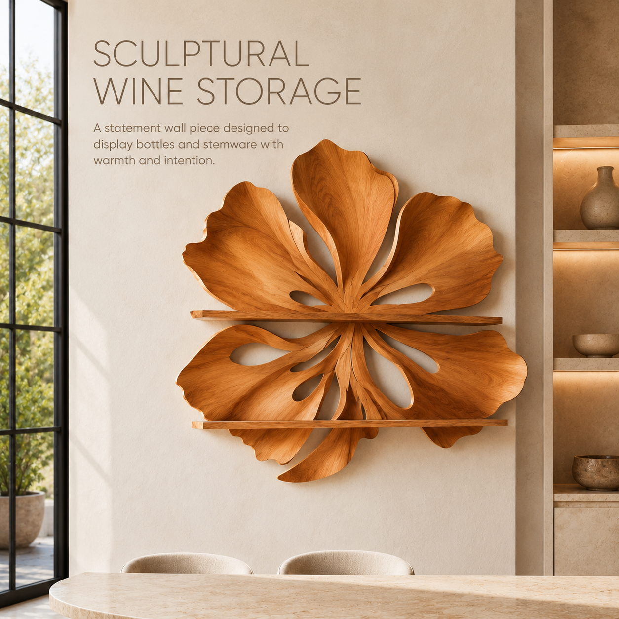 Solid Wood Wall Wine Rack with Glass Holder - 5 Bottle - Ribbed Wave - product image 02