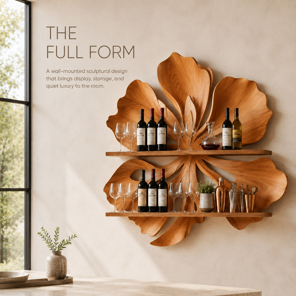 Solid Wood Wall Wine Rack with Glass Holder - 5 Bottle - Ribbed Wave - product image 03