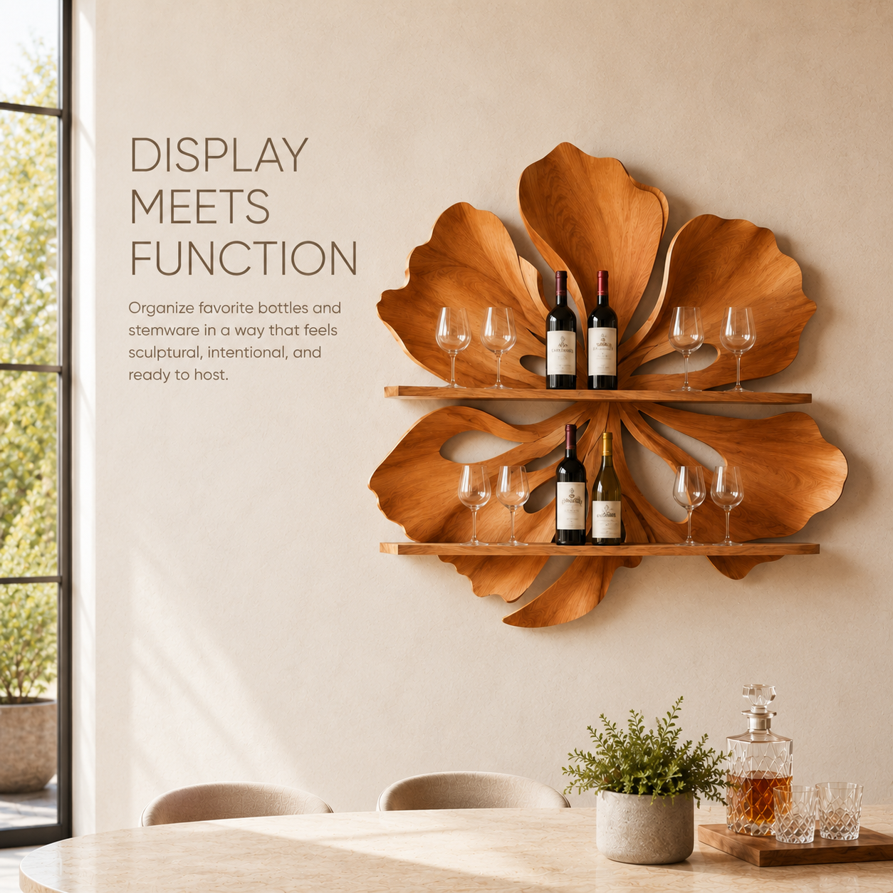 Solid Wood Wall Wine Rack with Glass Holder - 5 Bottle - Ribbed Wave - product image 07