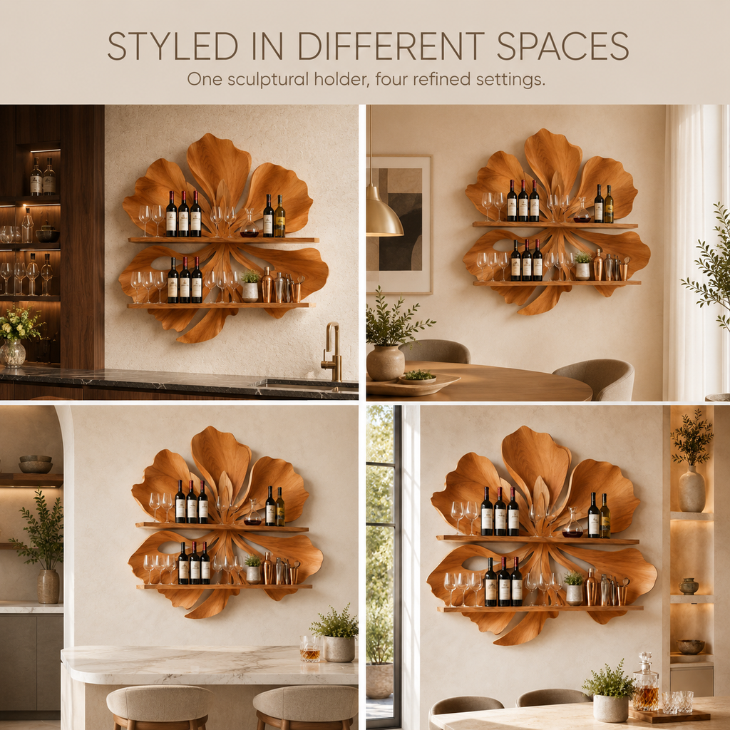 Solid Wood Wall Wine Rack with Glass Holder - 5 Bottle - Ribbed Wave - product image 10