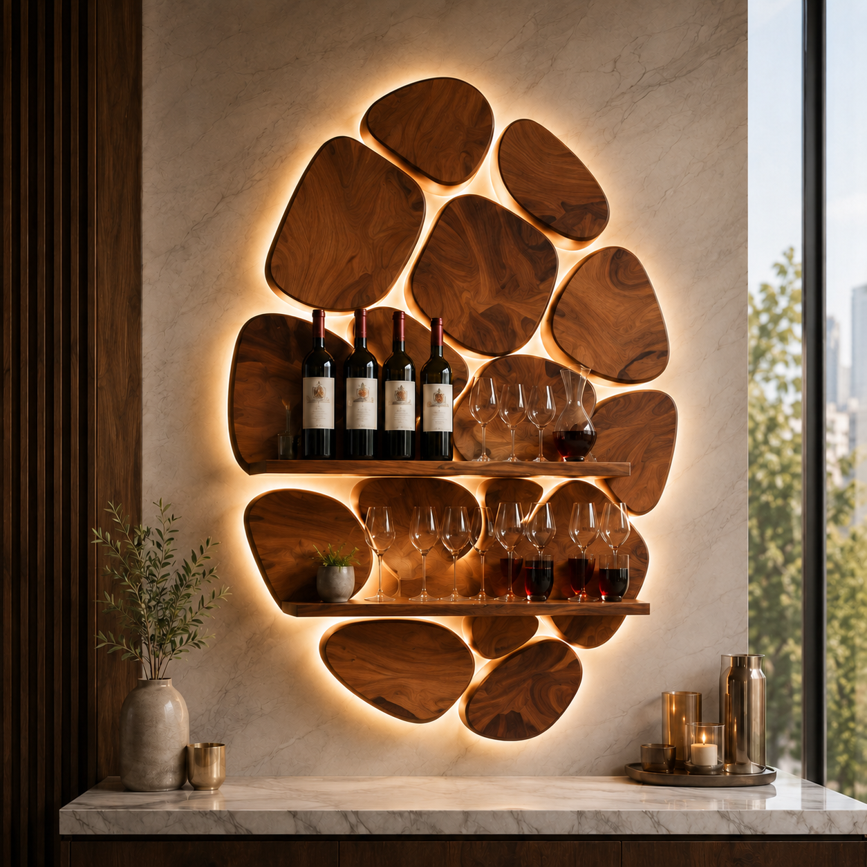 Solid Wood Wall Wine Rack with Glass Holder - 5 Bottle - Wave - main view
