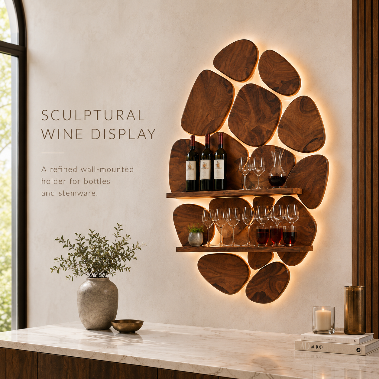 Solid Wood Wall Wine Rack with Glass Holder - 5 Bottle - Wave - product image 02