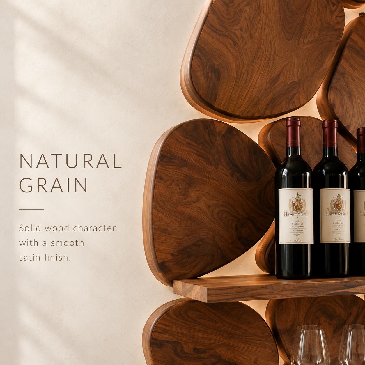 Solid Wood Wall Wine Rack with Glass Holder - 5 Bottle - Wave - product image 05
