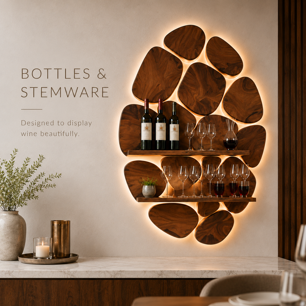 Solid Wood Wall Wine Rack with Glass Holder - 5 Bottle - Wave - product image 07