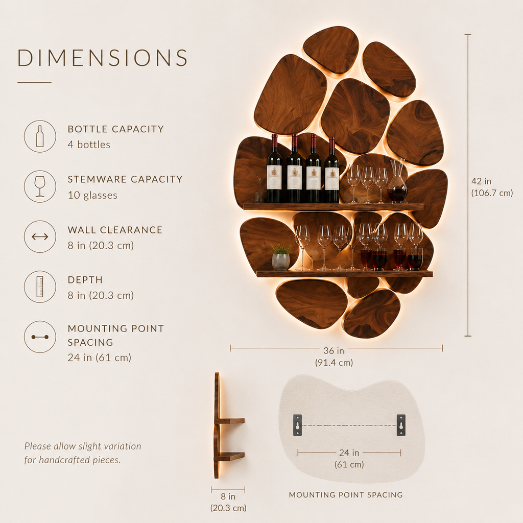 Solid Wood Wall Wine Rack with Glass Holder - 5 Bottle - Wave - product image 08