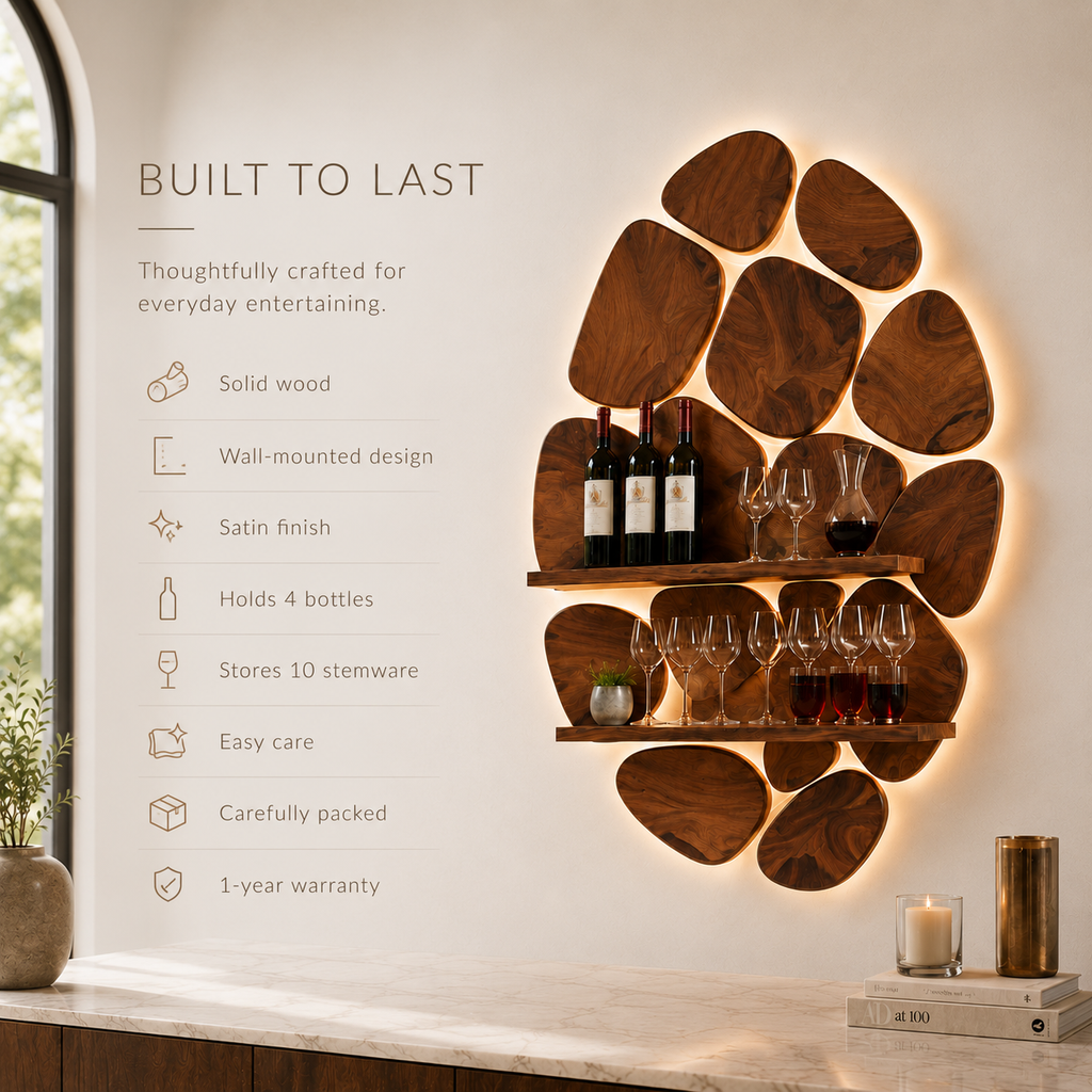 Solid Wood Wall Wine Rack with Glass Holder - 5 Bottle - Wave - product image 10