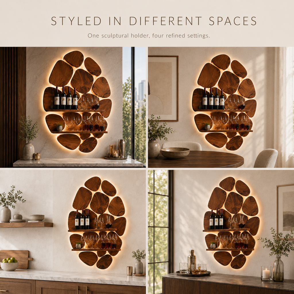Solid Wood Wall Wine Rack with Glass Holder - 5 Bottle - Wave - product image 11
