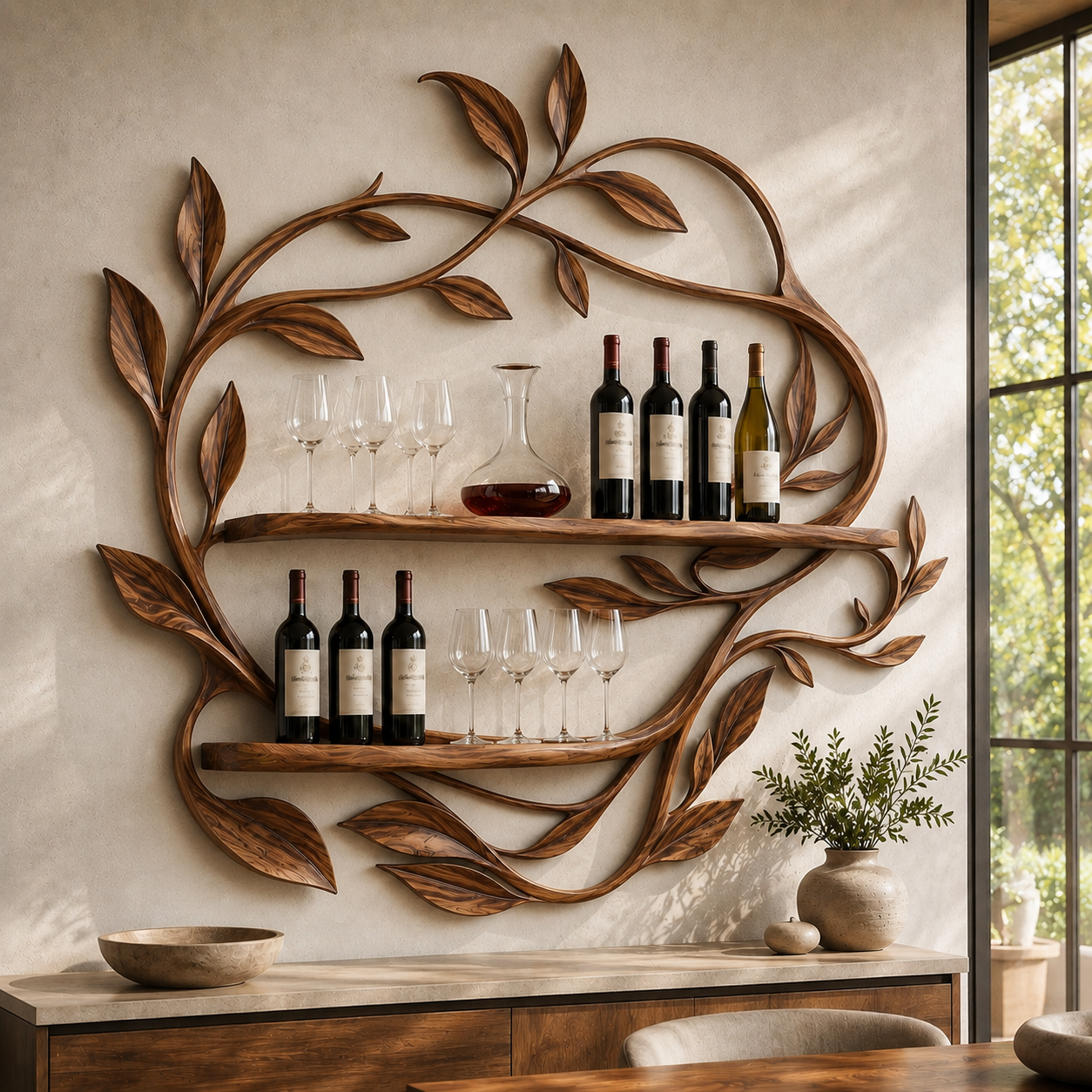 Solid Wood Wall Wine Rack with Glass Holder - 5 Bottle - Cellular - main view