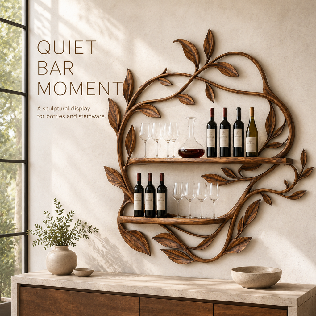Solid Wood Wall Wine Rack with Glass Holder - 5 Bottle - Cellular - product image 02