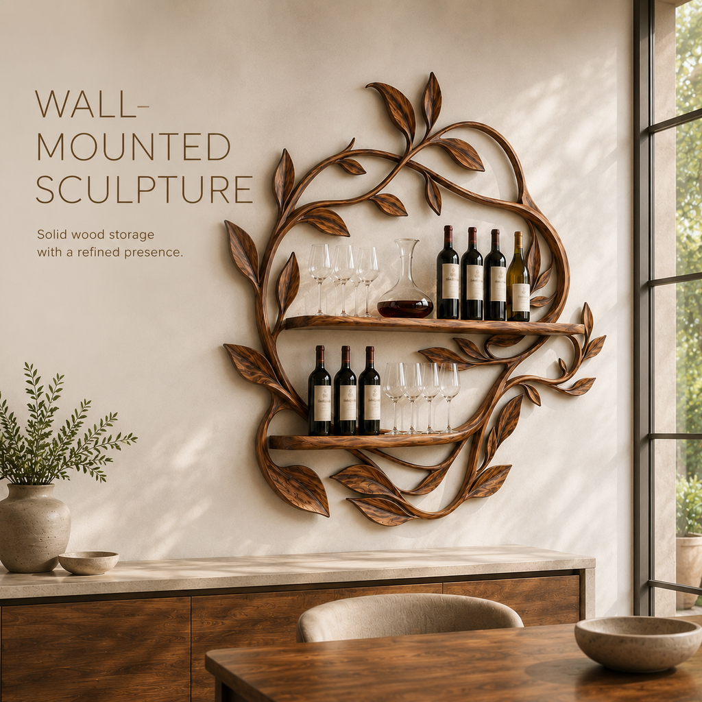 Solid Wood Wall Wine Rack with Glass Holder - 5 Bottle - Cellular - product image 03