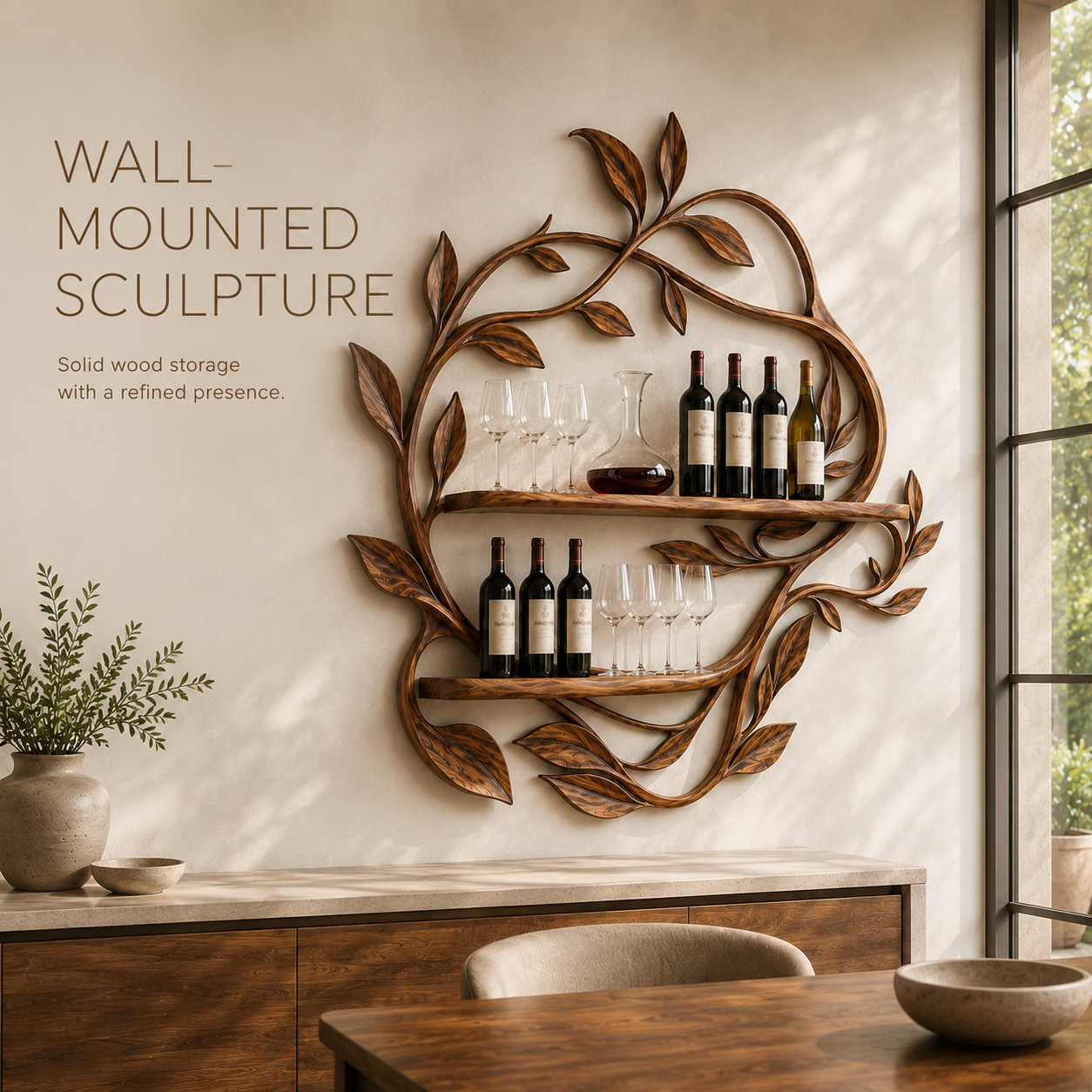 Solid Wood Wall Wine Rack with Glass Holder - 5 Bottle - Cellular - product image 03