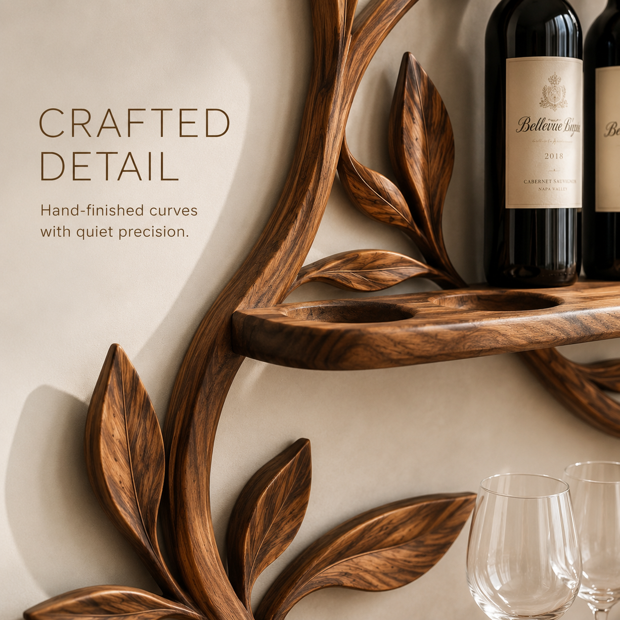 Solid Wood Wall Wine Rack with Glass Holder - 5 Bottle - Cellular - product image 06
