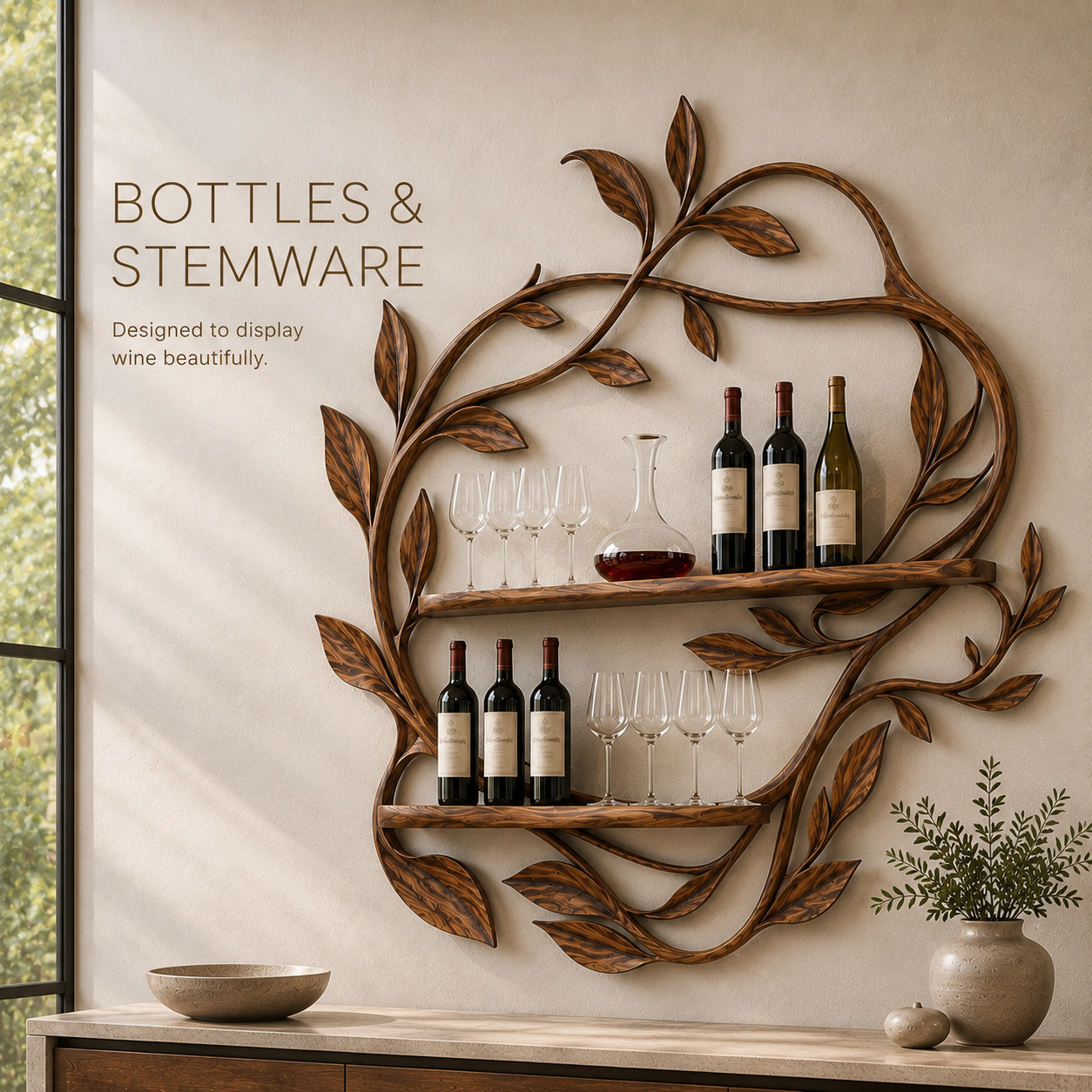 Solid Wood Wall Wine Rack with Glass Holder - 5 Bottle - Cellular - product image 07