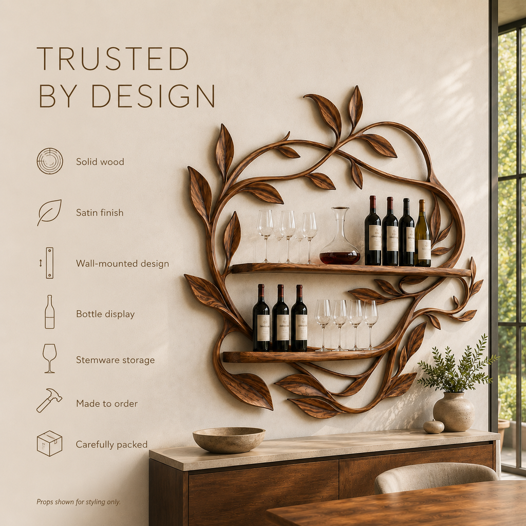 Solid Wood Wall Wine Rack with Glass Holder - 5 Bottle - Cellular - product image 09