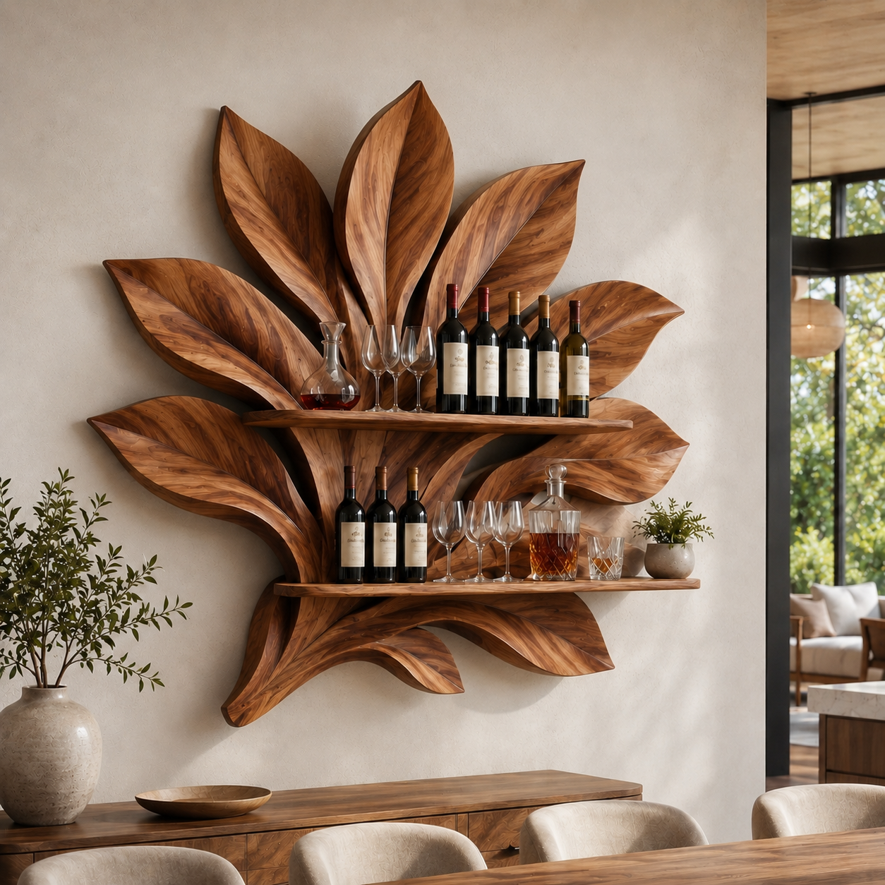 Solid Wood Wall Wine Rack with Glass Holder - 5 Bottle - Branch Form - main view