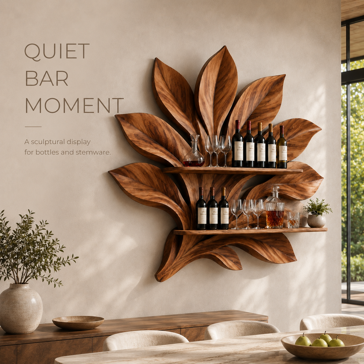 Solid Wood Wall Wine Rack with Glass Holder - 5 Bottle - Branch Form - product image 02