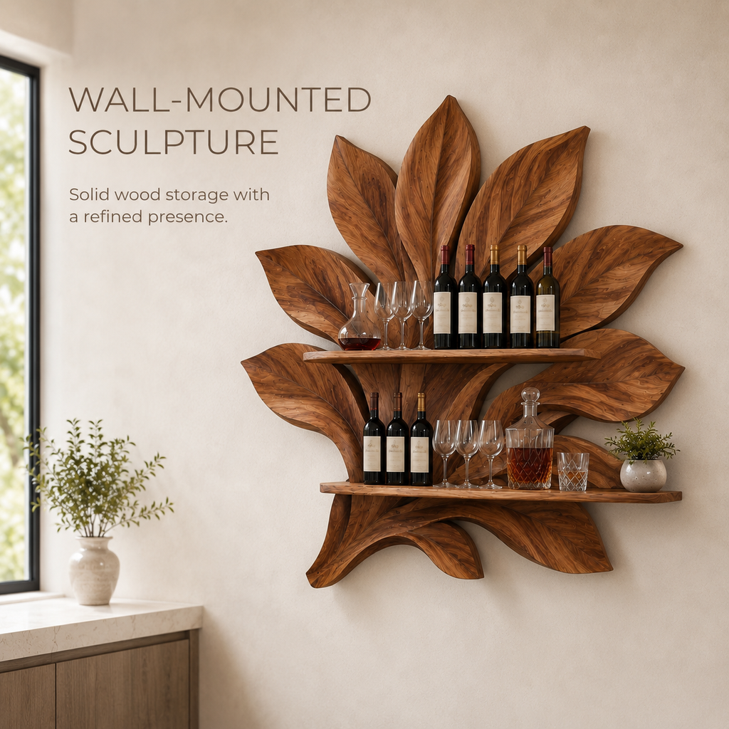 Solid Wood Wall Wine Rack with Glass Holder - 5 Bottle - Branch Form - product image 03